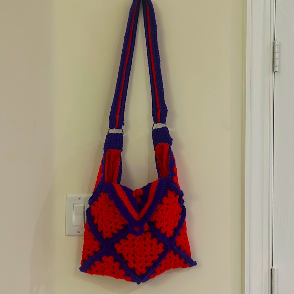 Hand Crocheted Knit Yarn Boho Tote Red Purple Purse Shoulder Bag Retro Granny - Picture 6 of 16